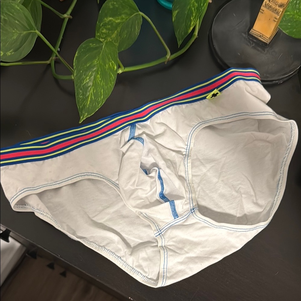 Men's White Briefs with Multicolor Waistband